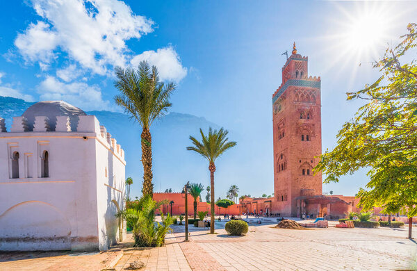 Koutoubia Mosque minaret at Medina quarter of Marrakesh, Morocco