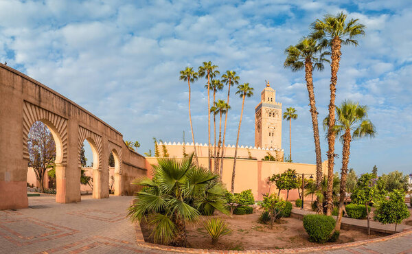 Landscape with garden and  Koutoubia Mosque on Marrakesh, Morocco
