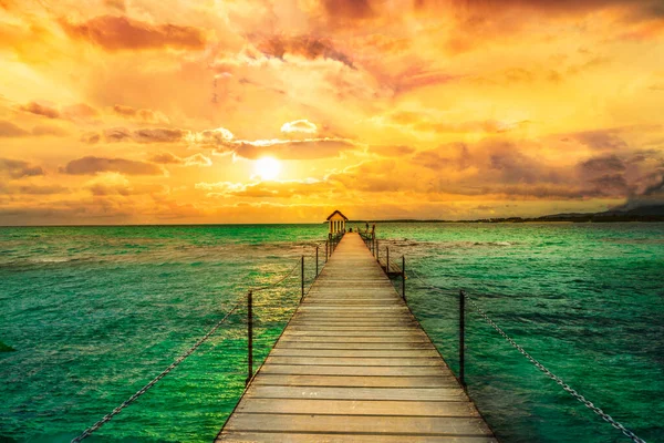 Mauritius Trou d 'eau douce' deki ahşap köprü manzarası.