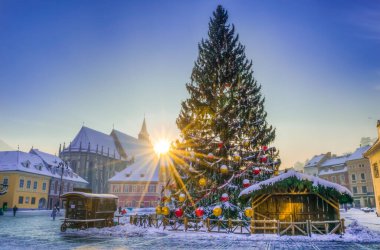 Romanya 'nın Brasov kentinin merkez pazarındaki süslenmiş Noel ağacının üzerine gün batımı ışığı, kış mevsiminde