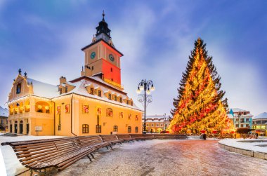 Romanya 'nın Brasov kentinin ana merkezinde kış mevsiminde Noel pazarı ve süsleme ağacı