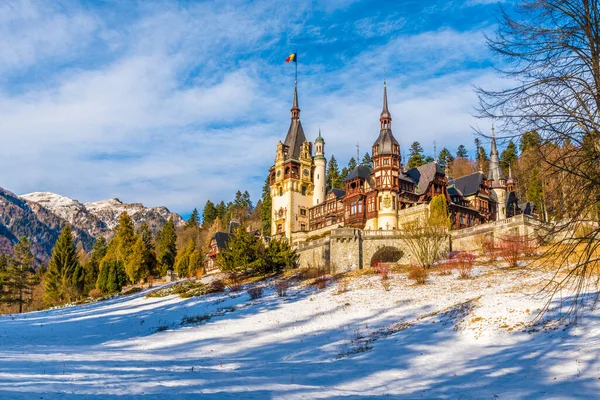 Castello Peles Sinaia Nella Stagione Invernale Transilvania Romania Protetto Dall — Foto Stock