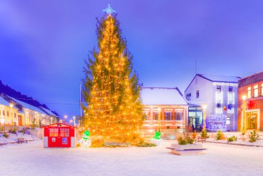 Romanya 'nın Transilvanya kentindeki Rasnov kasabasındaki Noel pazarı ve süsleme ağacı