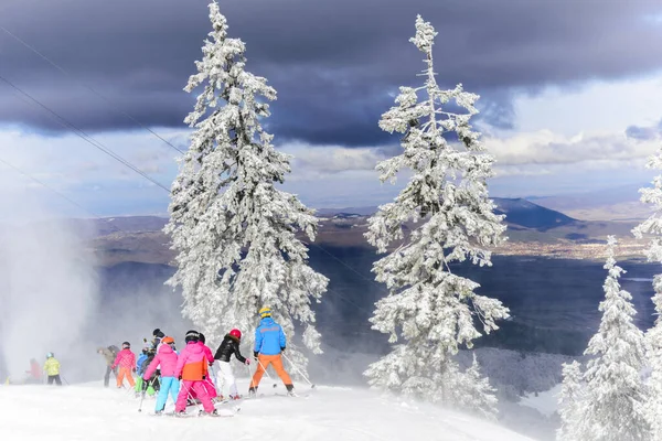 Groep Jonge Kinderen Die Leren Skiën Een Skipiste Het Resort — Stockfoto