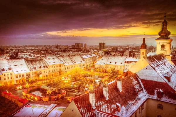Panoramatický Výhled Vánoční Trh Sibiu Transylvánie Rumunsko — Stock fotografie