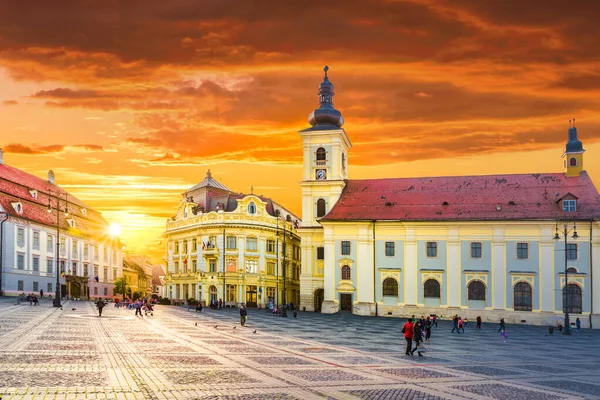 Historyczne Centrum Miasta Sibiu Zachodzie Słońca Transylwania Rumunia — Zdjęcie stockowe