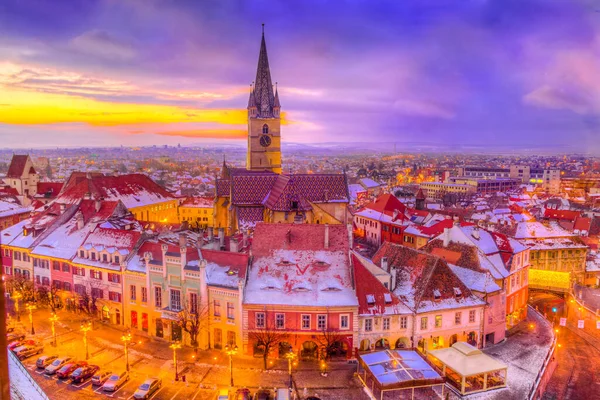 Vista Aérea Catedral Santa María Temporada Invierno Sibiu Transilvania Rumania —  Fotos de Stock