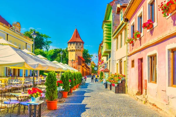 Kleiner Platz Und Der Zimmermannsturm Sibiu Siebenbürgen Rumänien — Stockfoto