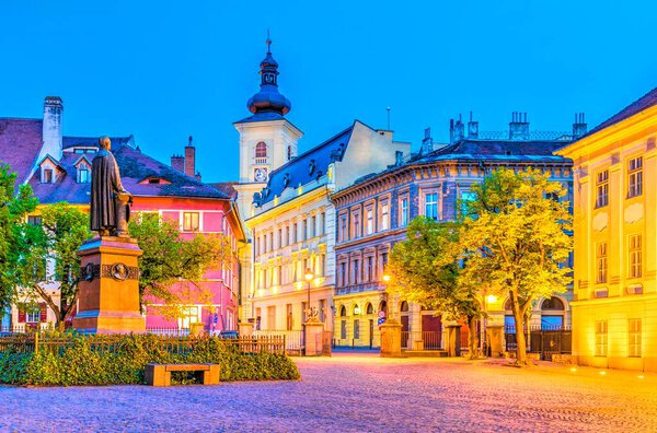 Historical center of Sibiu town at blue hour, Transylvania region, Romania.