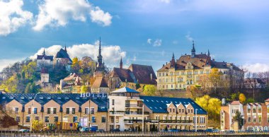 Ortaçağ Sighisoara kenti, Transilvanya, Romanya üzerine panoramik manzara