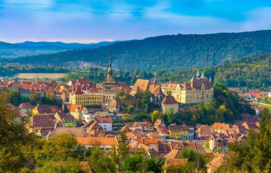 Ortaçağ Sighisoara kenti, Transilvanya, Romanya üzerine panoramik manzara