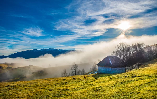 Rural Landscape Fog Sirnea Fundata Village Transylvania Landmark Romania — Stock Photo, Image