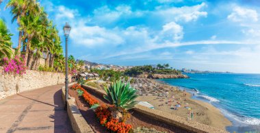 Costa Adeje 'deki El Duque plajı manzarası. Tenerife, Kanarya Adaları, İspanya