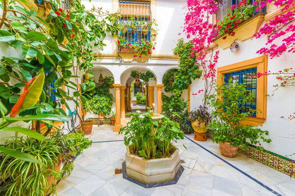 Traditional house and courts with flower in Cordoba, Spain
