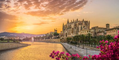 İspanya 'nın Palma de Mallorca adalarında gün batımında Katedral La Seu ile manzara