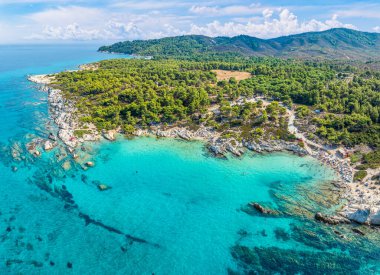 Aerial view of Orange beach (Portokali, Kavourotrypes)in Halkidiki, Sithonia peninsula, Greece.