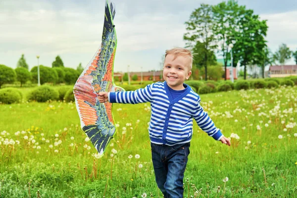 Šťastný chlapeček usmívající se běží přes park s ptačí pouštění draků. Dětské zábavné hrát venku na letní nebo jarní den. Radostné dětství. Životní styl. Atraktivní kluk aktivně rekreace na přírodu, tráva. — Stock fotografie