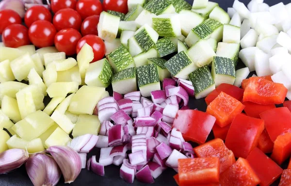 Colorful Peppers Onions Cut Cubes — Stock Photo, Image