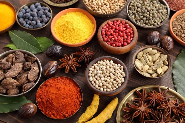 Variety Colorful Spices Herbs Bowls Top View — Stock Photo, Image