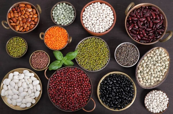 Beans Peas Lentils Metal Bowls Super Food — Stock Photo, Image