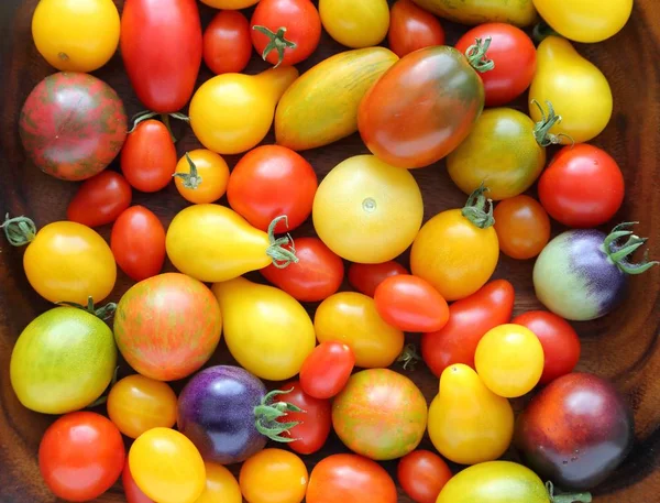 Tomates Colorées Différentes Sortes Dans Bol Bois — Photo