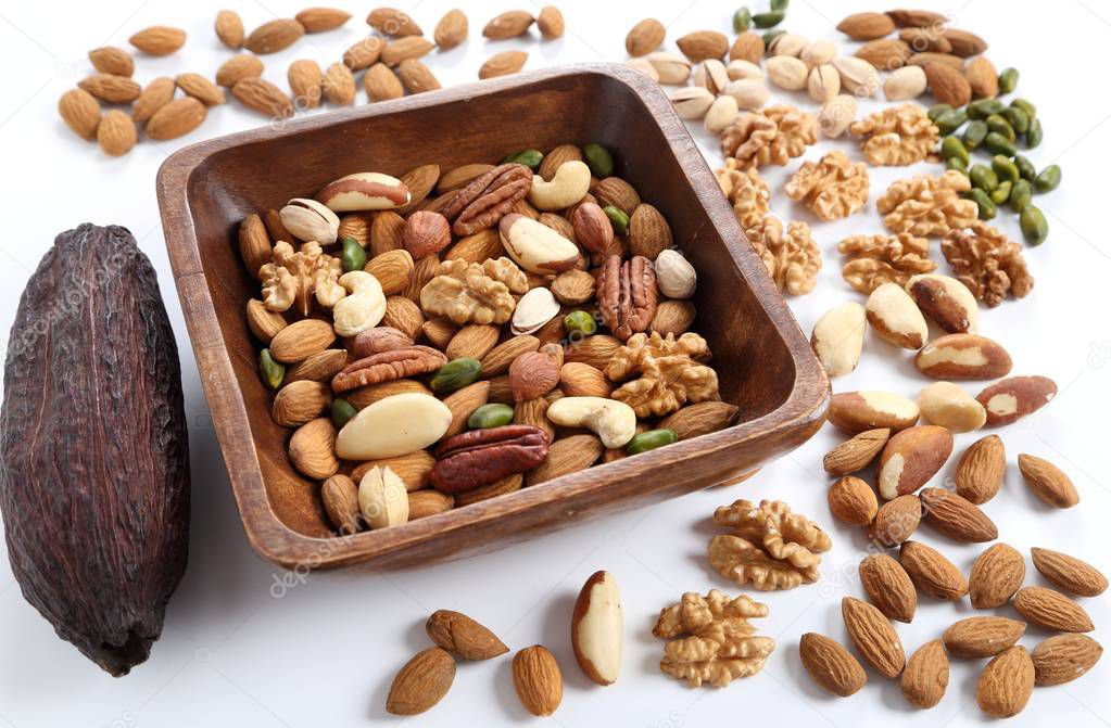 Different kinds of nuts in wooden bowl. Healthy food.