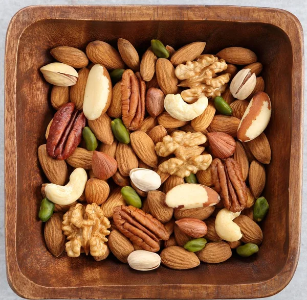 Different Kinds Nuts Wooden Bowl Healthy Food — Stock Photo, Image