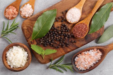 Sofra tuzu kase ve kaşık gri bir arka plan üzerinde çeşitli türleri. Üstten görünüm.