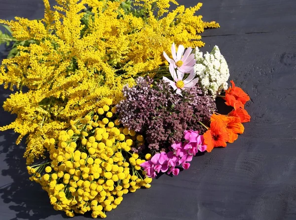 Kräuter Und Blumen Die Natürlichen Heilmitteln Auf Einem Hölzernen Hintergrund — Stockfoto