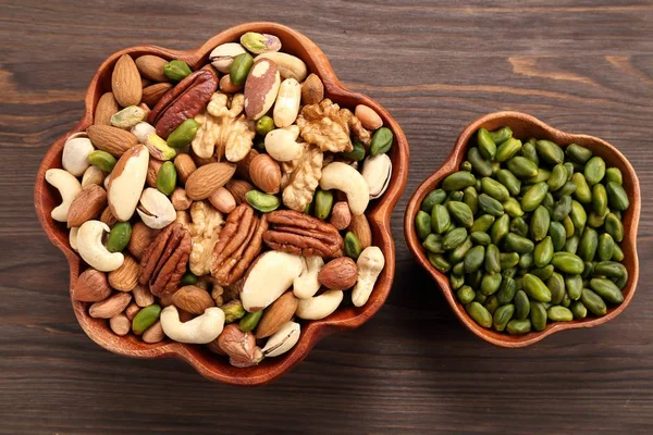 Different Kinds Nuts Wooden Bowls Healthy Food — Stock Photo, Image