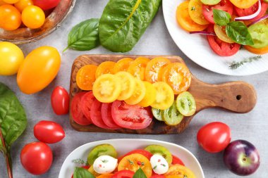Renkli domates fesleğen, soğan ve mozzarella peynirli salata. Üstten görünüm.