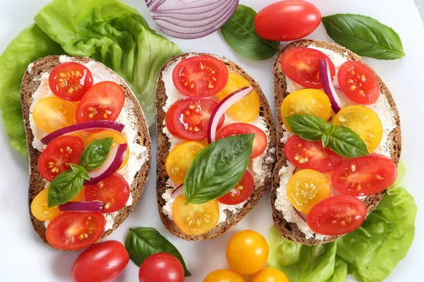 Sandwiches Cheese Colorful Tomatoes Basil Onions Top View — Stock Photo, Image