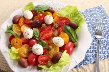 Renkli domates mozzarella peynir, zeytin, kapari ve fesleğen salata. Üstten görünüm.