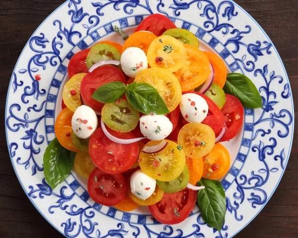 Salad Colorful Tomatoes Basil Onion Mozzarella Cheese Top View — Stock Photo, Image