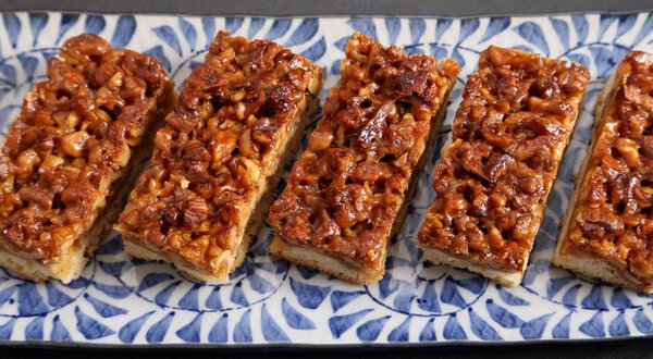 Walnuts caramelized on shortcrust pastry. Top view.