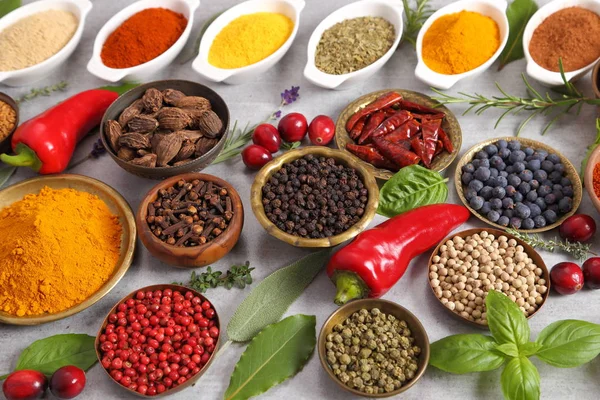Colorful Aromatic Spices Fresh Herbs Light Background Top View — Stock Photo, Image