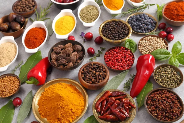 Colorful Aromatic Spices Fresh Herbs Light Background Top View — Stock Photo, Image