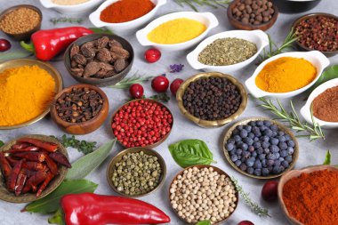 Renkli, aromatik baharat ve hafif bir arka plan üzerinde taze otlar. Üstten görünüm.