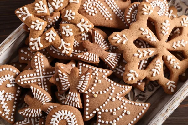 Karácsonyi Házi Mézeskalács Cookie Kat Fából Készült Háttér Édes Ételek — Stock Fotó