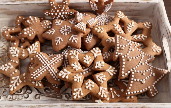 Christmas Homemade Gingerbread Cookies Wooden Tray Sweet Food — Stock Photo, Image