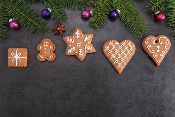 Christmas Homemade Gingerbread Cookies Dark Background Top View — Stock Photo, Image