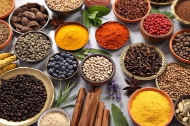 Renkli ve aromatik bitki ve baharat gri Seramik zemin üzerine. Üstten görünüm.