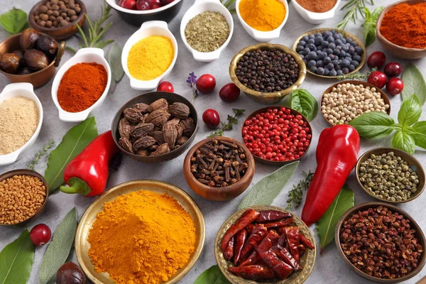 Colorful Aromatic Spices Fresh Herbs Light Background Top View — Stock Photo, Image