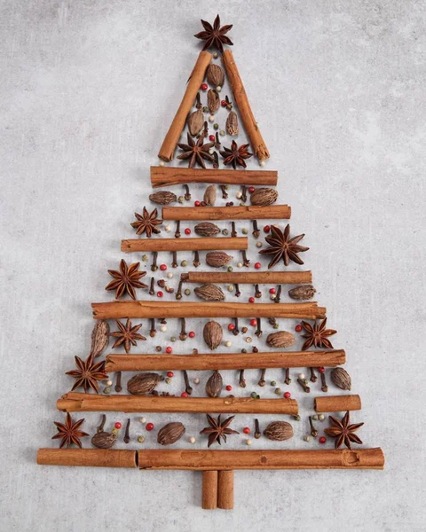 Χριστουγεννιάτικο Δέντρο Φτιαγμένο Από Μπαχαρικά Ένα Γκρίζο Φόντο — Φωτογραφία Αρχείου