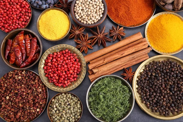 Colorful Aromatic Spices Bowls Dark Background Top View — Stock Photo, Image
