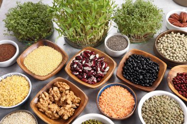 Süper gıdalar ahşap ve seramik kase. Üstten Görünüm.