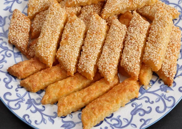 Kaas Koekjes Met Sesamzaadjes Smakelijk Gezond Tussendoortje Zonder Suiker — Stockfoto