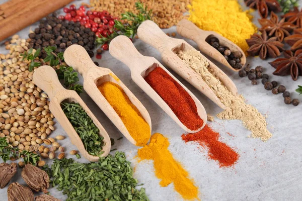 Spices Herbs Wooden Spoon Grey Background Food Cuisine Ingredients Top — Stock Photo, Image