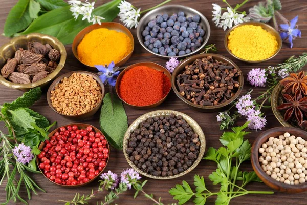 Herbs Spices Metal Bowls Food Cuisine Ingredients Colorful Natural Additives — Stock Photo, Image