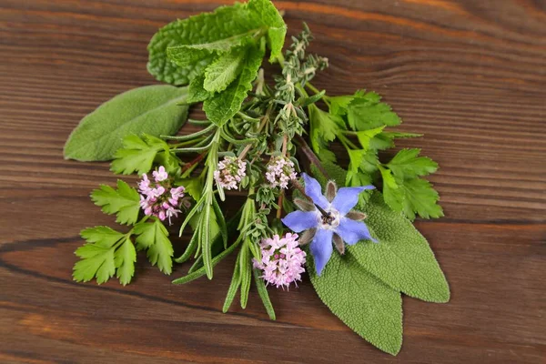 Erbe Spezie Fondo Legno Cibo Cucina Ingredienti Additivi Naturali — Foto Stock